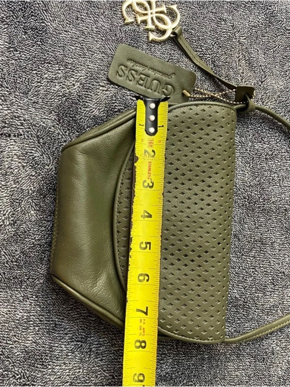 GUESS Olive Green Genuine Leather Laser-Cut Crossbody Bag with‎ Gold Hardwear
